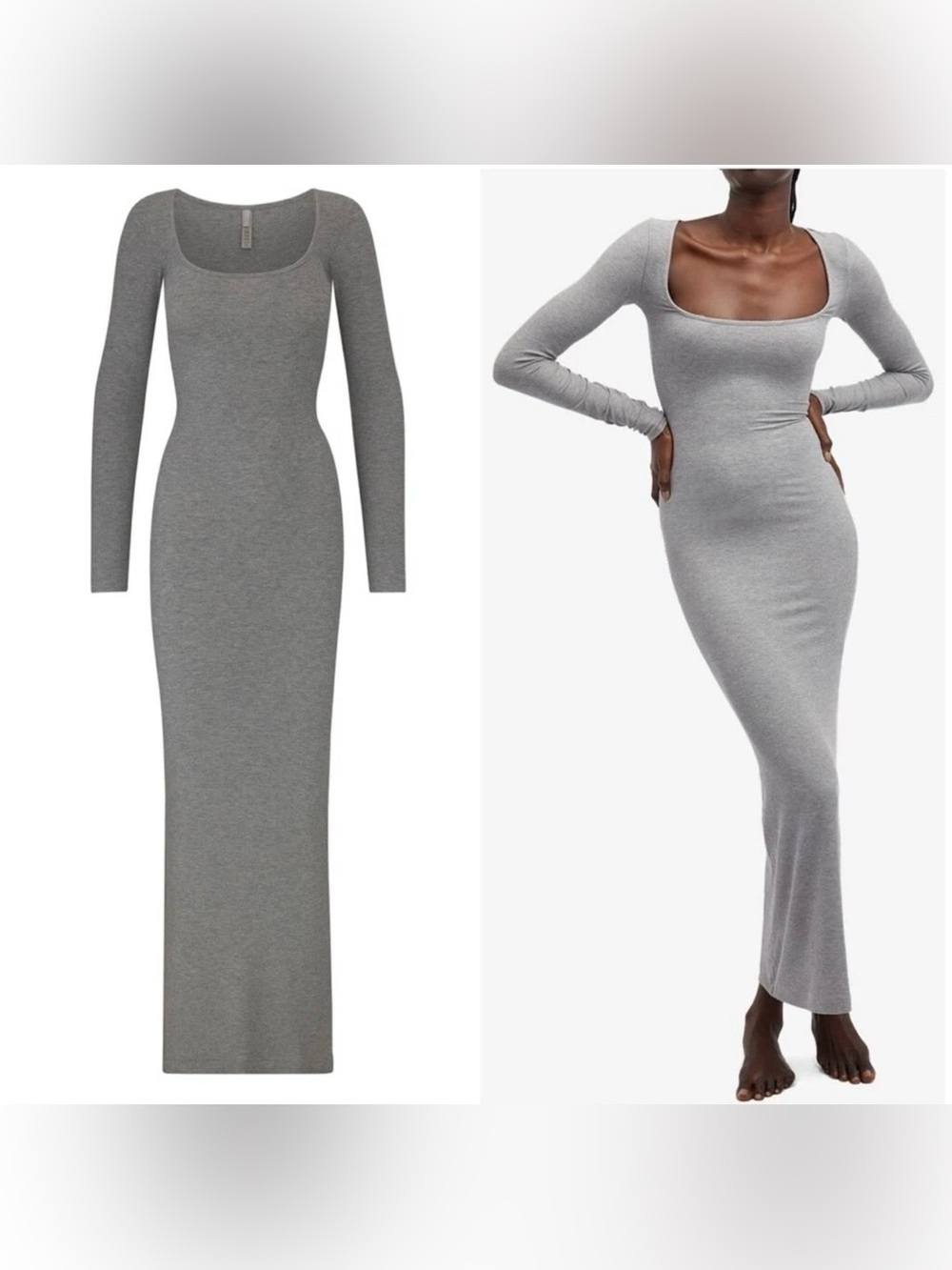 Skims Grey Soft‎ Lounge Maxi Dress Long Sleeve Ribbed Flattering Sexy Effortless